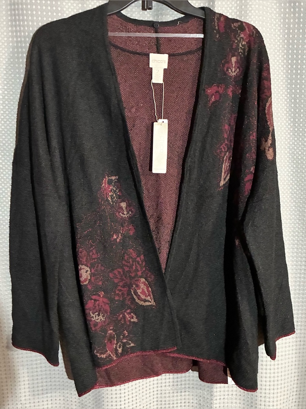 Chico's L Black Open Cardigan Deep Burgundy Floral Accents Sparkles Holidays